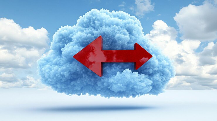 Photo dynamic cloud icon with red arrow in cloudy blue sky