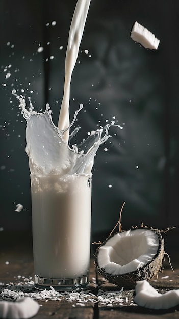 Foto spruzzo dinamico di latte di cocco perfetto per la pubblicità di alimenti e bevande