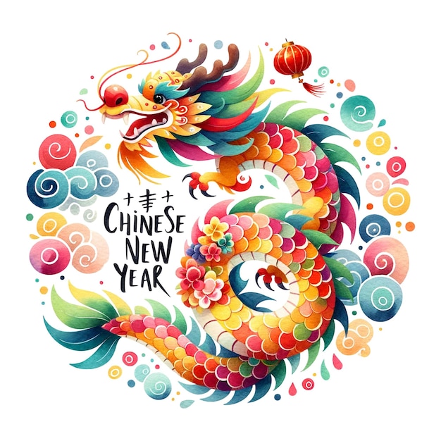 Dynamic and colorful Chinese dragon amidst swirls and floral patterns celebrating Chinese New Year