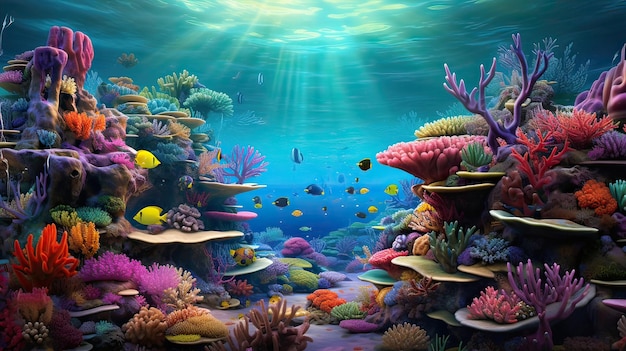 Dynamic and colorful underwater coral reef ecosystem flourishing corals diverse marine creatures tropical fish diving exploration aquatic wonder generated by ai