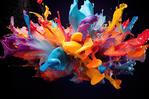 Динамическая композиция из разноцветных брызг краски, застывших в воздухе, фиксирующая момент удара