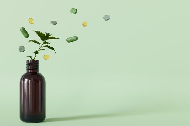 Photo a dynamic composition with herbal pills and a plant sprouting from a bottle illustrating the natural essence of homeopathic remedies copy space for text alternative medicine 3d render