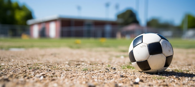 Dynamic contrast closeup of black and white soccer ball at school field