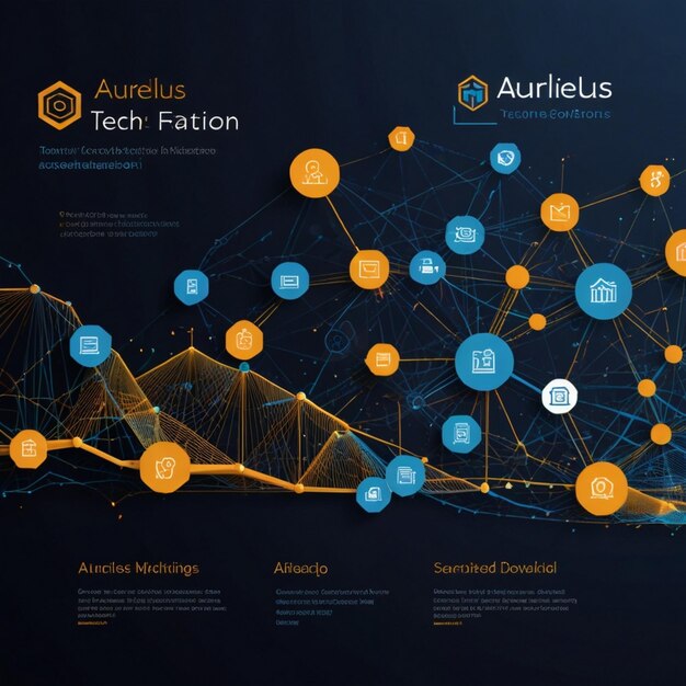 Dynamic cover page showcasing diverse team for Aurelius Tech and Talent Solutions featuring AI cloud computing custom programming modernization Agile and DevSecOps icons in blue and gold tones