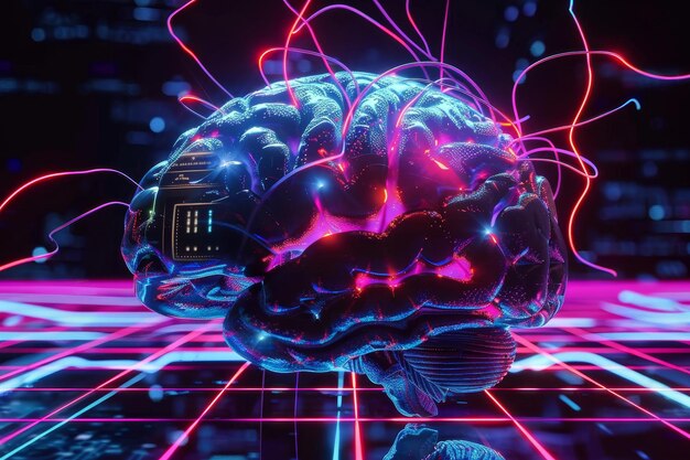 ダイナミックなサイバー脳とネオントレイルのデジタル3Dアートワーク