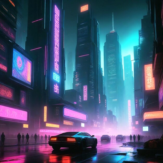 Photo dynamic cyberpunk cityscape