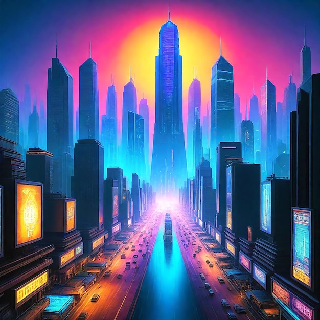 Dynamic cyberpunk cityscape