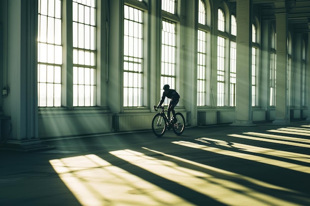 Dynamic Cyclist Silhouette in Sunlit Corridor