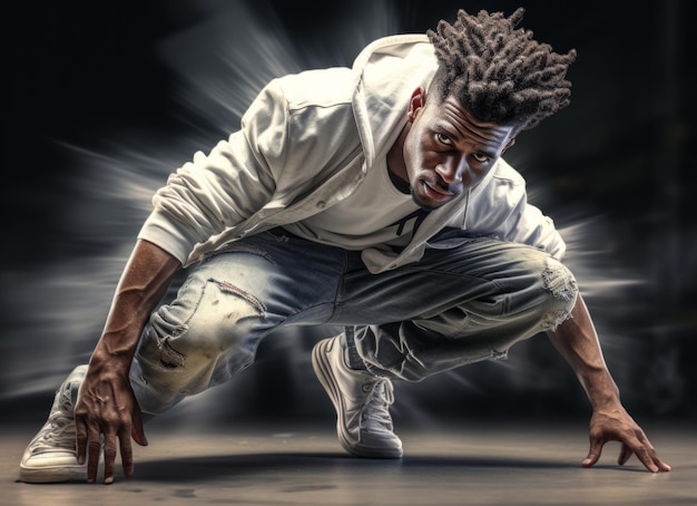 Dynamic dancer guy in white hoodie and jeans performing a breakdance move under radiant light rays