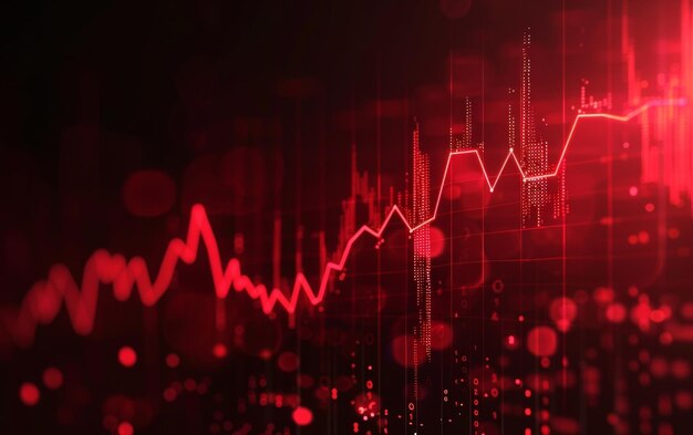 Photo a dynamic datadriven visualization of the volatile stock market with pulsing lines soaring peaks and a sea of red lights symbolizing the highintensity everchanging nature of financial trading