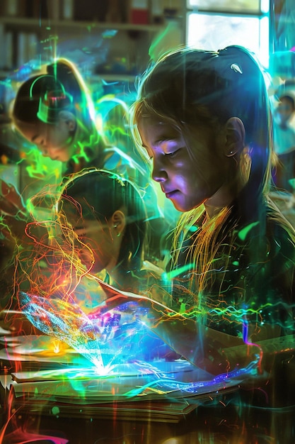 Photo a dynamic digital artwork of young girls in a classroom setting
