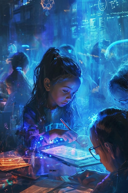 A dynamic digital artwork of young girls in a classroom setting