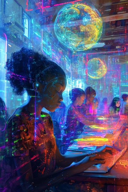 A dynamic digital artwork of young girls in a classroom setting