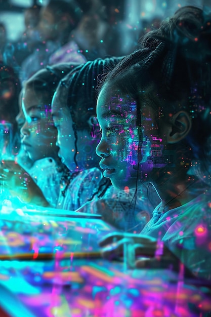 A dynamic digital artwork of young girls in a classroom setting