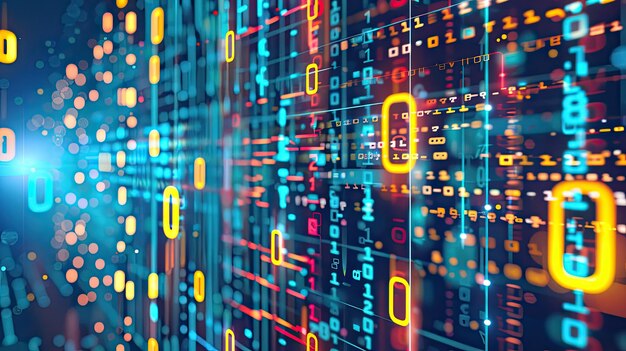 動態數碼背景設計為技術操作,以神經網絡,人工智能算法,數據傳輸加密代碼和數碼檔案為特色