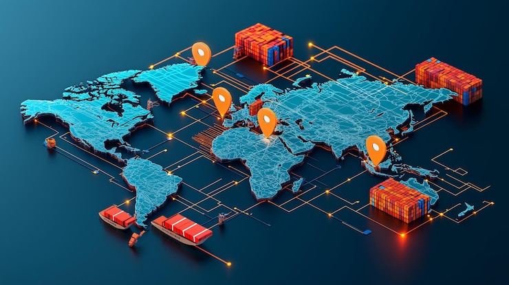 Photo a dynamic digital map showcasing global trade routes with containers and location markers for logistics and transport planning