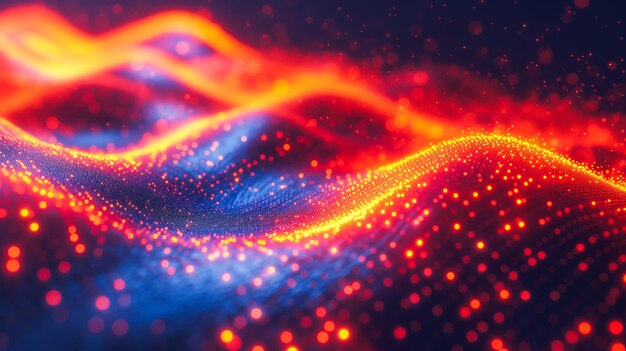 写真 ネオン光粒子のダイナミックなデジタル波