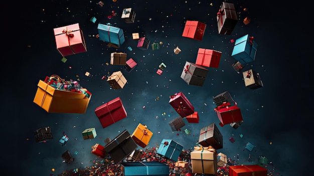 Photo dynamic display of festive gift boxes tumbling in a cascade of color set