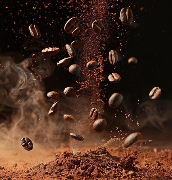 Photo a dynamic display of popping coffee beans over a bar of rich dark chocolate capturing the essence of a fusion of flavors