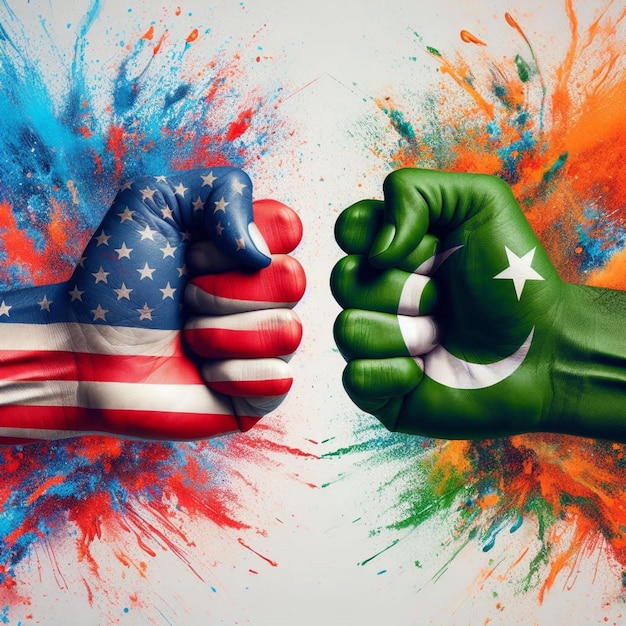 Dynamic display USA and Pakistan flags clash in vibrant hand art