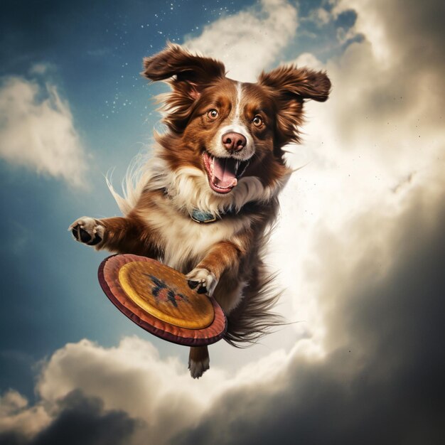 Photo a dynamic dog catching a frisbee midair