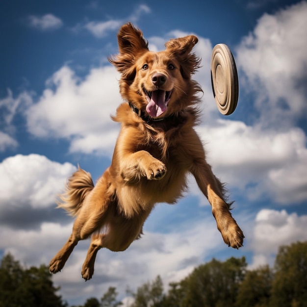 A dynamic dog catching a frisbee midair