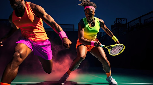 Dynamic doubles tennis scene players in vibrant coordination