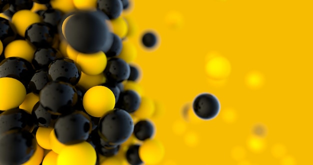Динамические двойные желтые цветные прыгающие шарики из частиц фоновых обоев, копирование космического движения. Группа шаров, пузыри на ярком фоне. Цифровой концептуальный баннер для рекламы - 3D, визуализация.