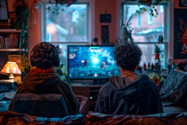 写真 ダイナミック・デュオ 2人の学生のルームメイトがテレビで激しいビデオゲームの戦いに巻き込まれます