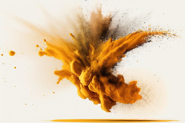 Dynamic and energetic scene with vibrant orange dust explosion against white background created by AI