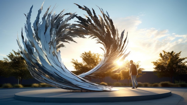 ダイナミックなエネルギーの流れ 金属彫刻との見事な日の出の出会い