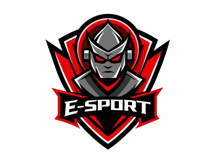 Photo dynamic esport gaming logo design featuring futuristic warrior helmet with bold red and black color scheme for competitive gaming teams and online streaming channels