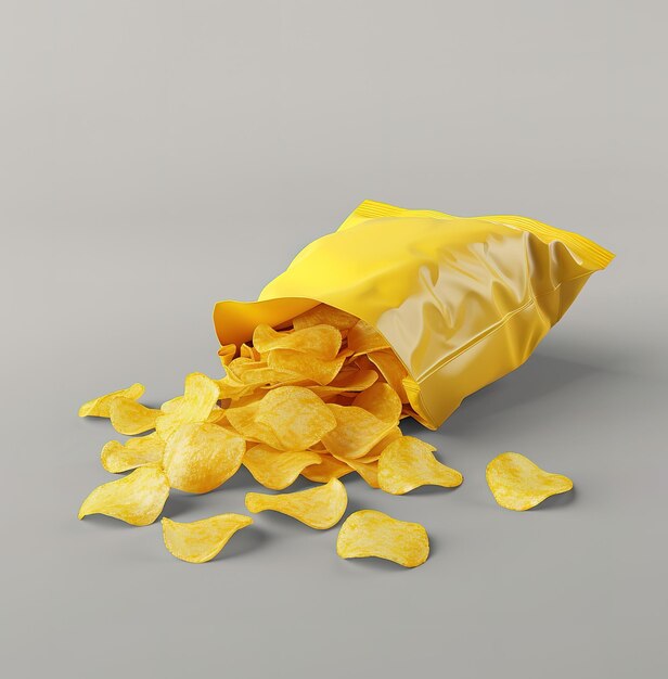 Dynamic explosion of golden potato chips bursting out of a yellow bag