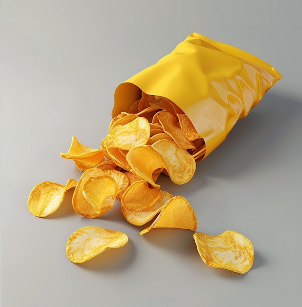 Photo dynamic explosion of golden potato chips bursting out of a yellow bag