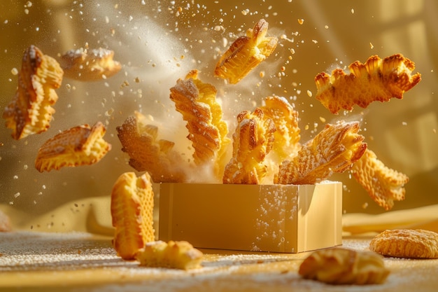 Фото Динамический взрыв кондитерских изделий сухого сахара в порошке золотая сладкая выпечка в воздухе