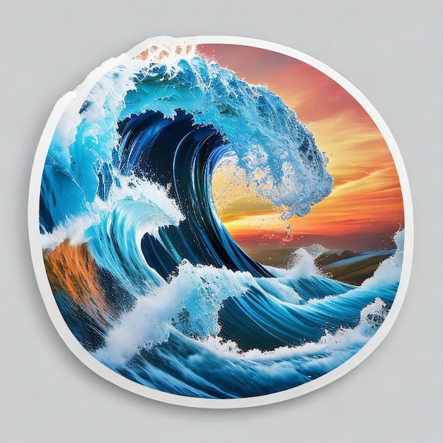 A dynamic and eyecatching sticker design capturing the powerful essence of a tall wave in a river