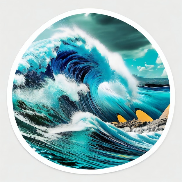A dynamic and eyecatching sticker design capturing the powerful essence of a tall wave in a river