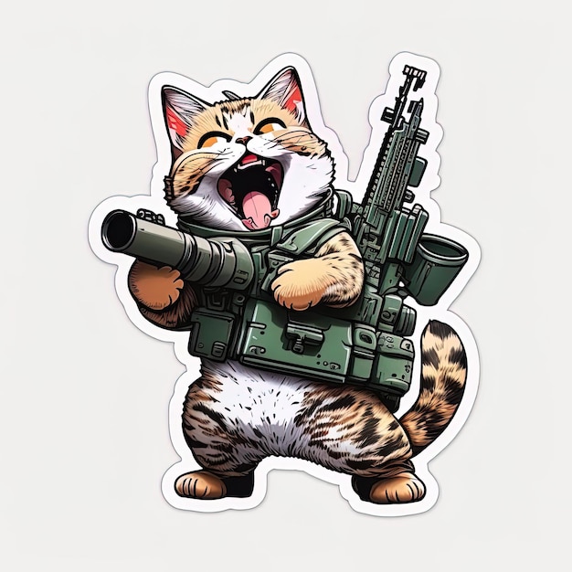 Dynamic Feline Adventure Crazy Excited Cat with Mounted Guns on Its Back