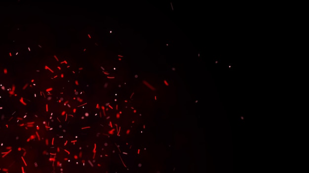 Dynamic fiery flying sparks on dark background Flow of burning red particle 3D rendering