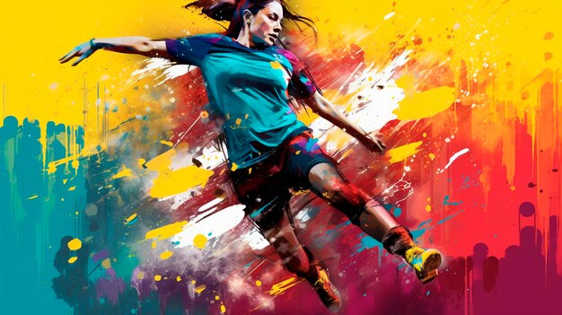 Dynamic FIFA Women's World Cup illustration with a jumping female player and vibrant paint splashes Generative AI