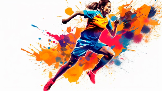 Dynamic FIFA Women's World Cup illustration with a jumping female player and vibrant paint splashes Generative AI