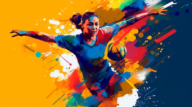 Dynamic fifa women's world cup illustration with a jumping female player and vibrant paint splashes generative ai