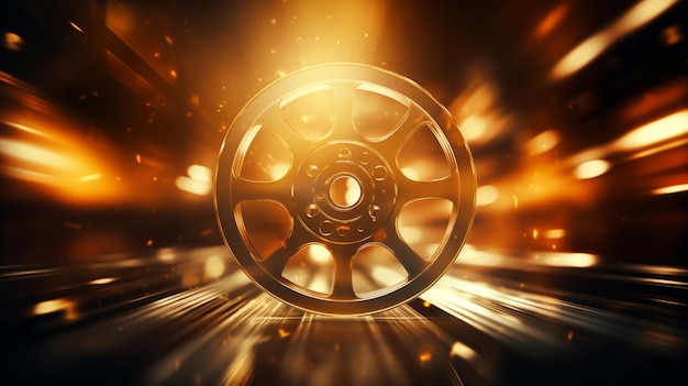 Dynamic film reel bathed in golden light beams symbolizing the magic of cinema