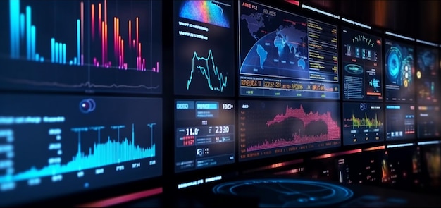 Dynamic financial visualization Monitor screen perspective showcasing digital analytics data