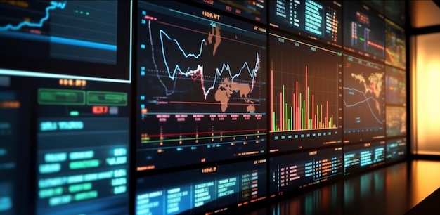 Dynamic financial visualization Monitor screen perspective showcasing digital analytics data