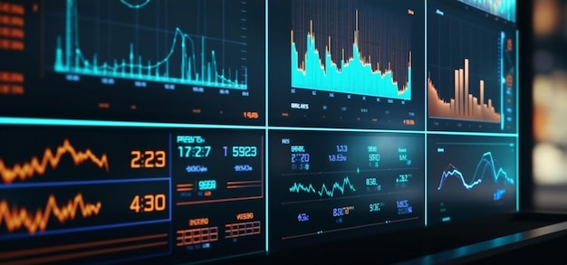 Dynamic financial visualization Monitor screen perspective showcasing digital analytics data