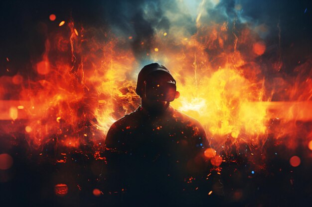 Dynamic Fire Flames Illuminating the Air with a Confident Man Standing in Front Generative AI