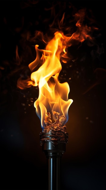 Фото Динамический огневой факел вблизи на черном излучении интенсивной яркости вертикальные мобильные обои