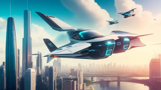 Dynamic Flying Car Soaring Above Urban Skyline