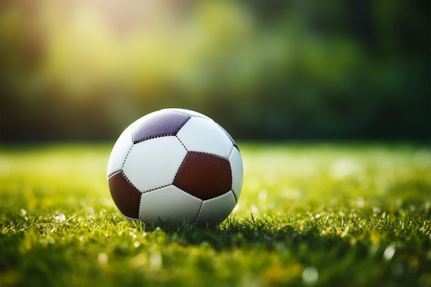 Динамический футбольный выстрел вблизи на зеленом поле с большим количеством копий